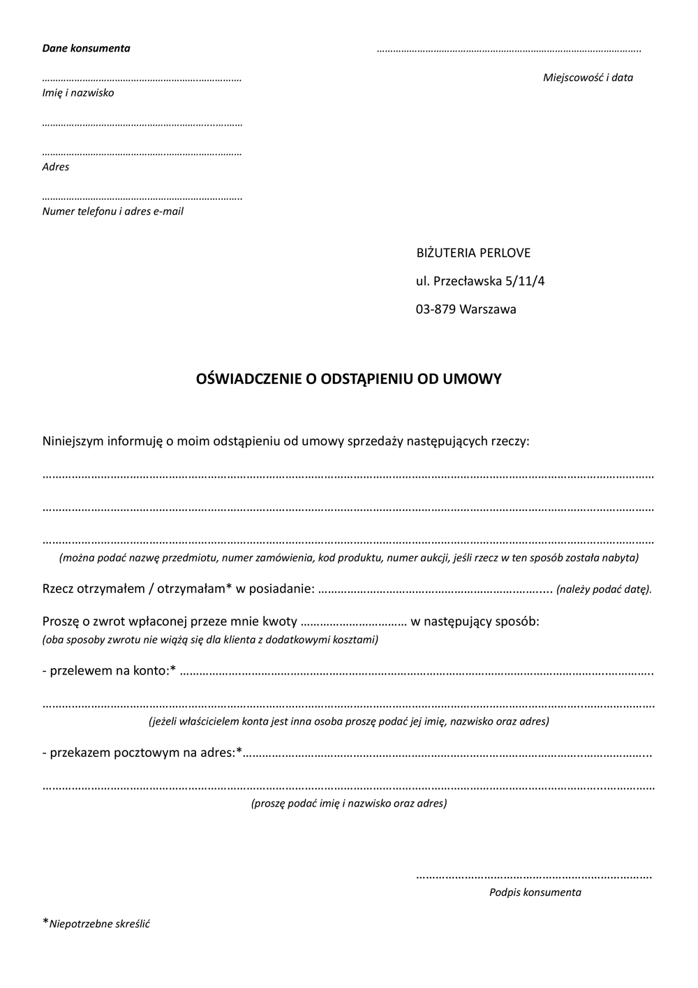 Dyktatura Bezwzględny Spróbować odstąpienie od umowy na odległość pdf