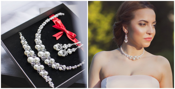 Komplet biżuterii ślubnej ze srebrnymi klipsami na ślub lub wesele.