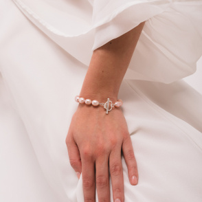 PINK LOVE Bransoletka z pereł różowych z zapięciem serce srebrne