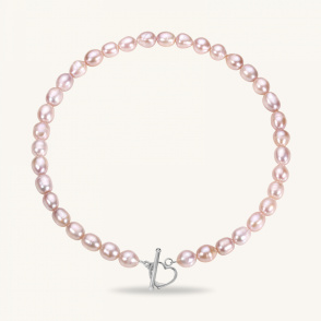 PINK LOVE Naszyjnik z pereł różowych z zapięciem serce srebrne
