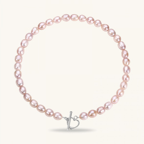 PINK LOVE Naszyjnik z pereł różowych z zapięciem serce srebrne