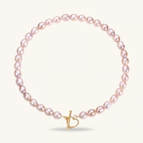 PINK LOVE Naszyjnik z pereł różowych z zapięciem serce pozłacane