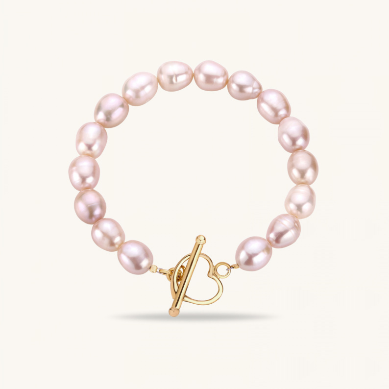 PINK LOVE Bransoletka z pereł różowych z zapięciem serce pozłacane
