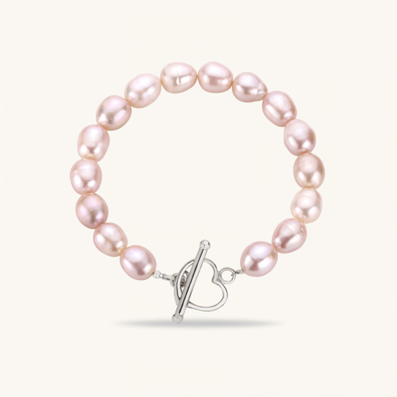 PINK LOVE Bransoletka z pereł różowych z zapięciem serce srebrne