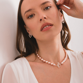PINK LOVE Naszyjnik z pereł różowych z zapięciem serce srebrne